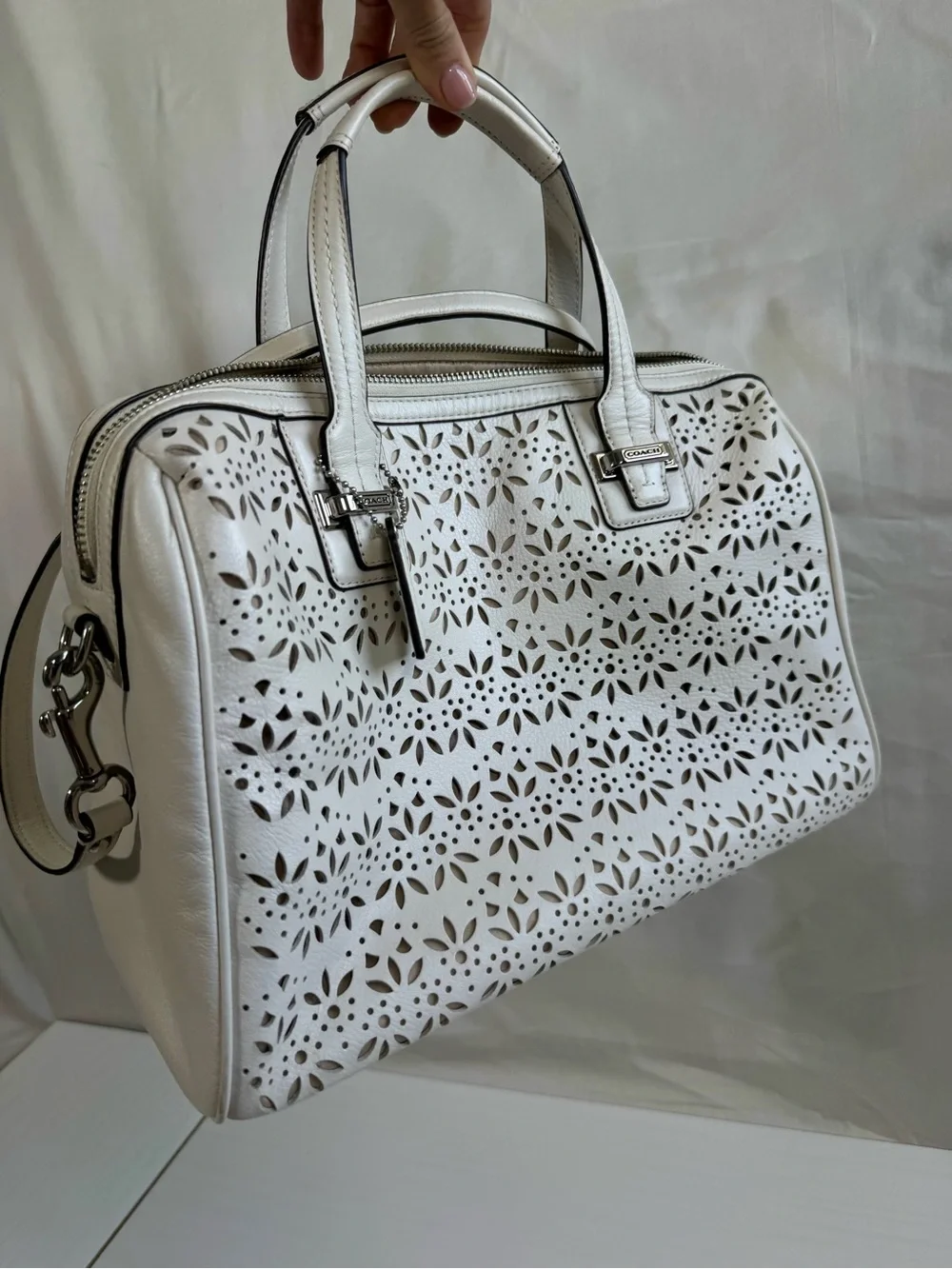 Coach White Laser-Cut Floral Satchel with Silver Hardware